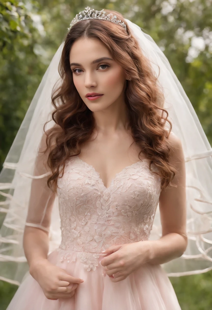 (Full body photograph of 1 girl curly hair wedding dress with large transparent veil and pink dress + suave e delicado +)+(Vestido longo em cores brilhantes, Luz brilhante, Cabelo loiro longo e liso + Olhos brilhantes e acolhedores)+(pink petals + Brisa suave + with blue sky and white clouds + Bosques verdes e floridos), ((upper body)), (magazine cover.medium close up shot)
