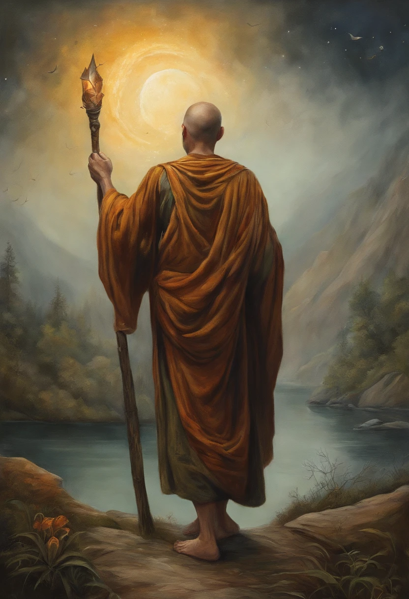 masterpiece, best quality, ultra-detailed, illustration, buddhist monk praying, solo, fantasy, flying, broom, night sky, outdoors, magic, spells, moon, stars, clouds, wind, cape, broomstick, glowing, mysterious, enchanting, whimsical, playful, adventurous, freedom, wonder, imagination, determination, skill, speed, movement, energy, realism, naturalistic, figurative, representational, beauty, fantasy culture, mythology, fairy tales, folklore, legends, witches, wizards, magical creatures, fantasy worlds, composition, scale, foreground, middle ground, background, perspective, light, color, texture, detail, beauty, wonder.