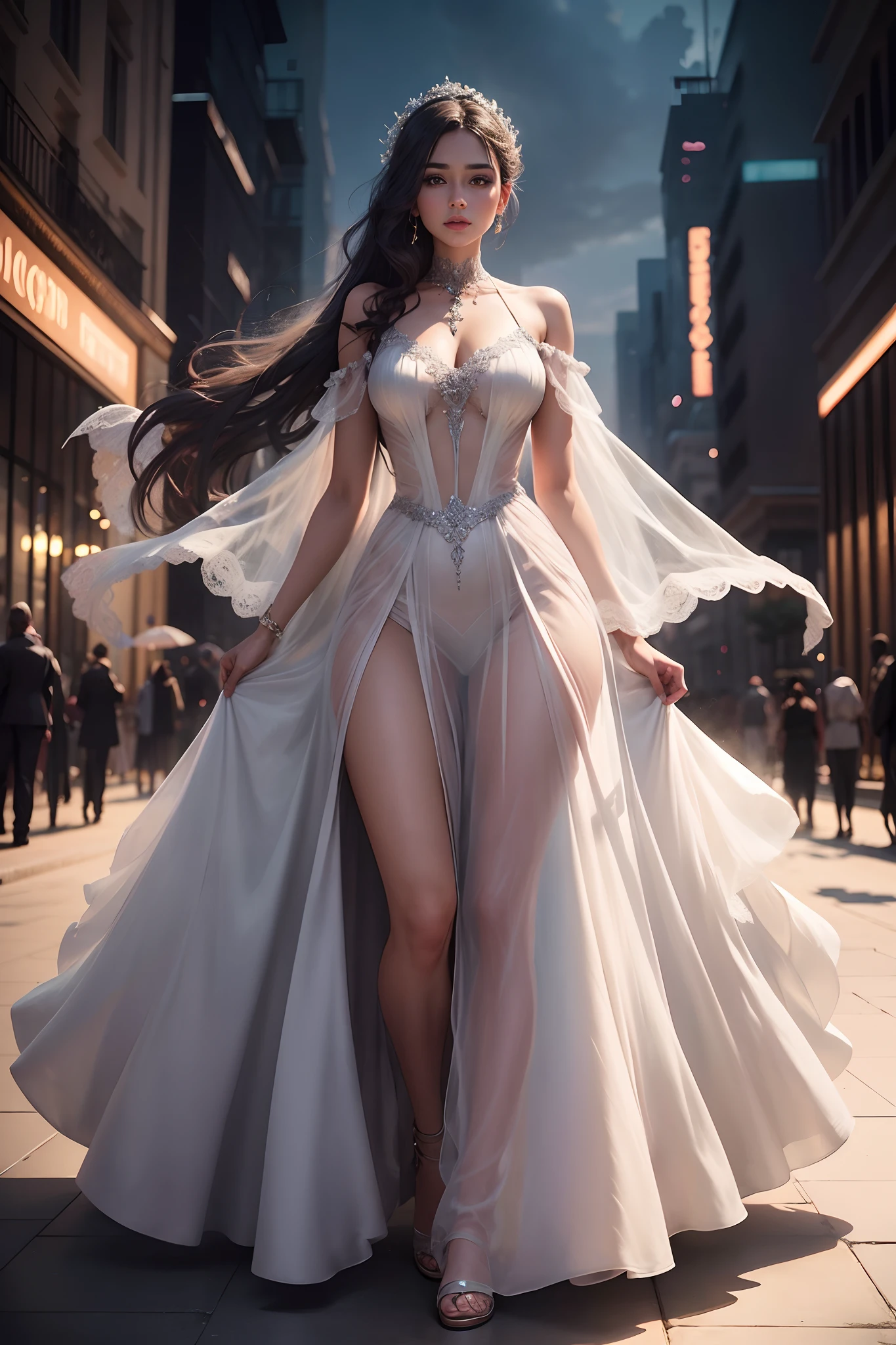 Araved woman posing for photo in long dress, flowinggown, wearing flowing dress, floating dress, Transparent gray dress, Woman in dress, Wearing a long dress, Romantic dress, Translucent dress, jungle gown, Image of a woman in an extra-long dress, romantic gown, render of mirabel madrigal, realistically rendered clothing, dreamy dress, digital art of an elegant,Standing on the oversized terrace,City neon background