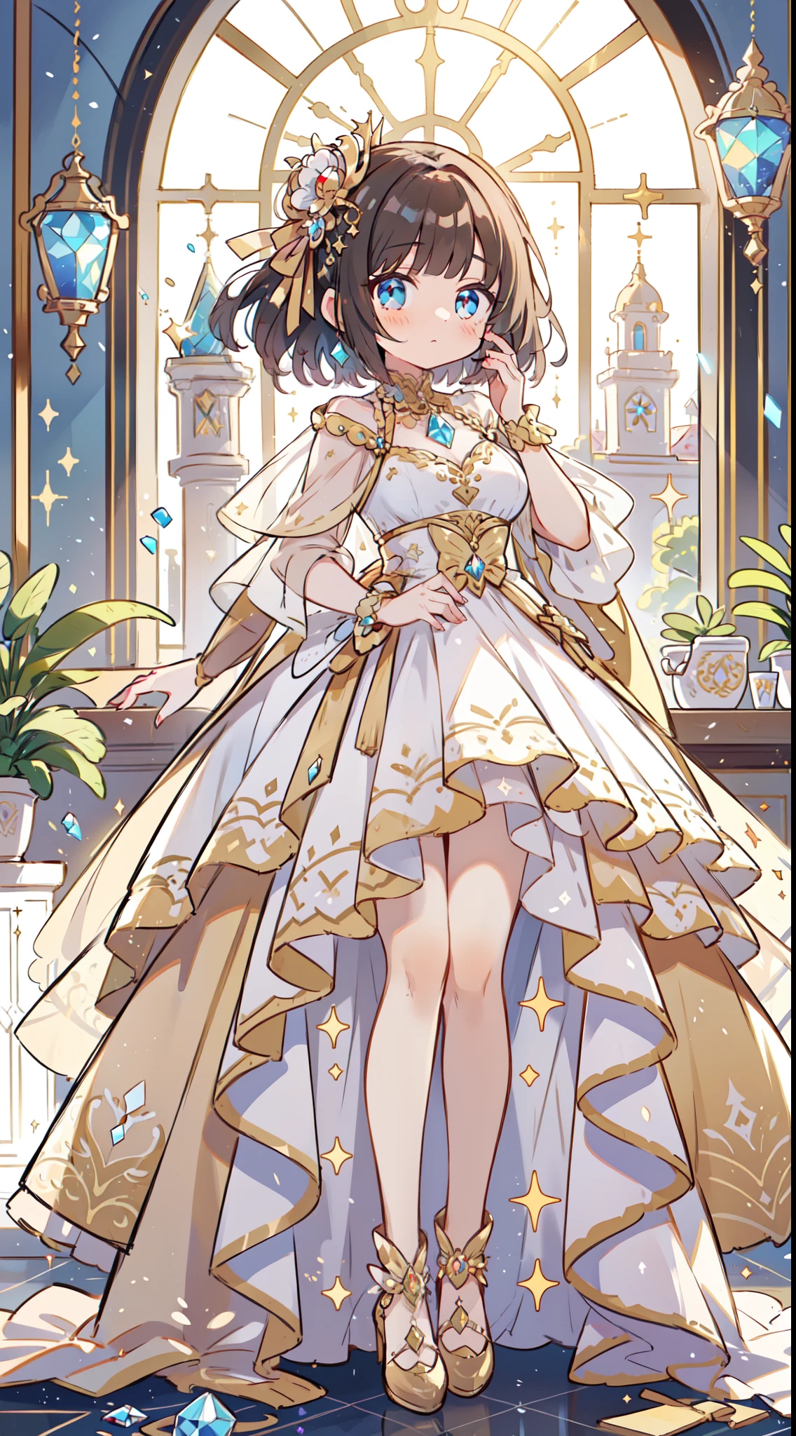 A beautiful woman wearing ore crystals as ornaments is at the window of a beautiful palace made of marble. She has a beautiful face and shining eyes of vivid colors. She wears ornaments and a dress made of shining ore crystals like crystal. She is by the window of a hard but beautiful palace built of marble. Detailed drawing. Vivid colors. High image quality.