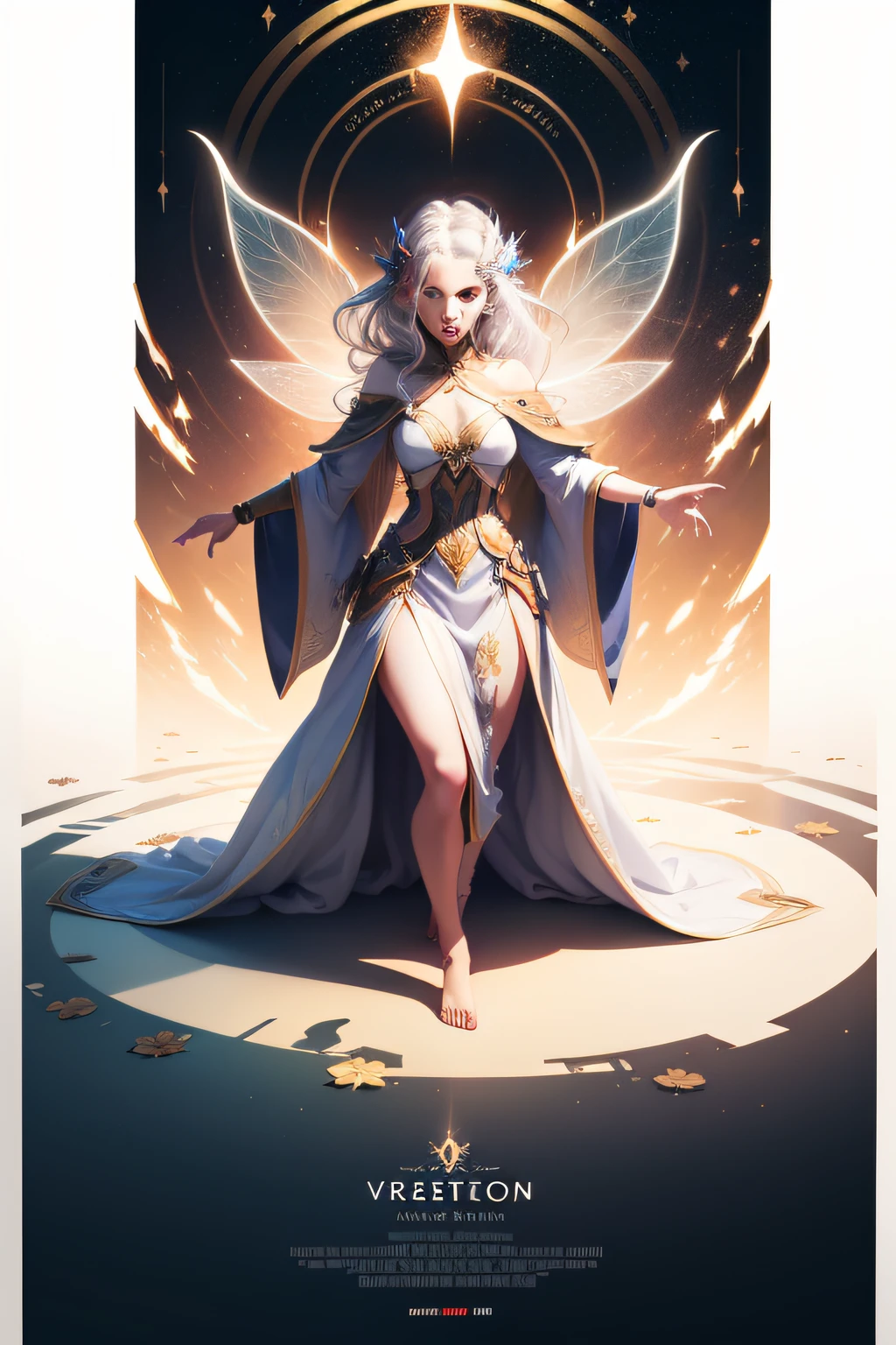 (highest quality) print ready vector poster design, mystical fairy warrior character on a plain white background, female, wearing magical robes, t-pose, attractive color scheme, professional vector, full shot, 8K resolution, deep impression illustration, no words, no symbols, no script, plain white background
