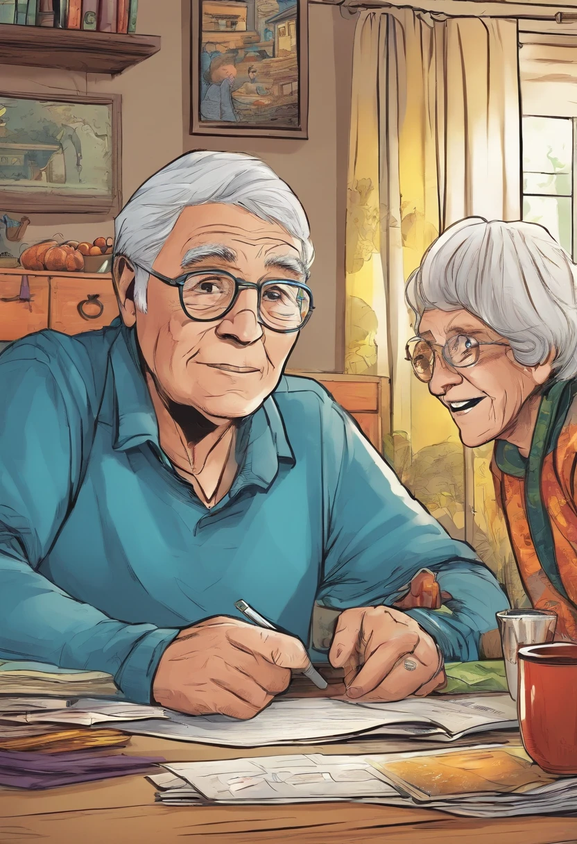 Teenage boy, talking to a granny at the home table, super detailed image, full HD