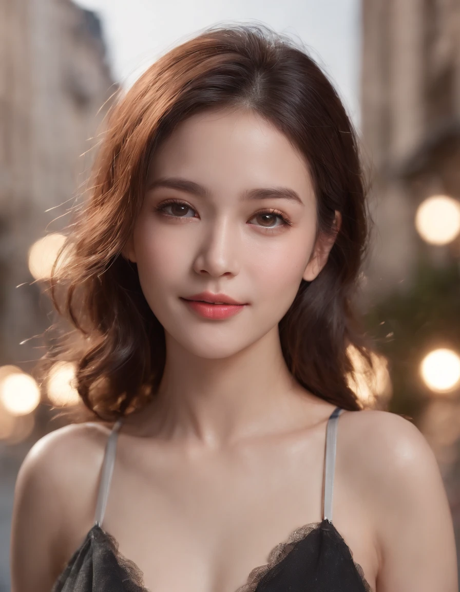 Random Pose, mix4, (8K, RAW photo, top quality, masterpiece: 1.45), (Realistic, photorealistic: 1.37), One girl, cute, smiling, cityscape, night, professional lighting, photon mapping, radiosity, physically based rendering, gradient black hair, gray hair, short curly, handsome, girl, small breasts, Deep V Neckline Slip Dress, quality photo, high resolution, 1080p, (clear face), (detailed face description), (detailed hand description), (masterpiece), realistic, extreme light and shadow, disheveled hair, masterpiece, rich details, (fine facial features), (best quality photo), (best quality photo), (masterpiece), look in front of you, fine collarbone,highlight armpits,, medium shot, high quality photo.