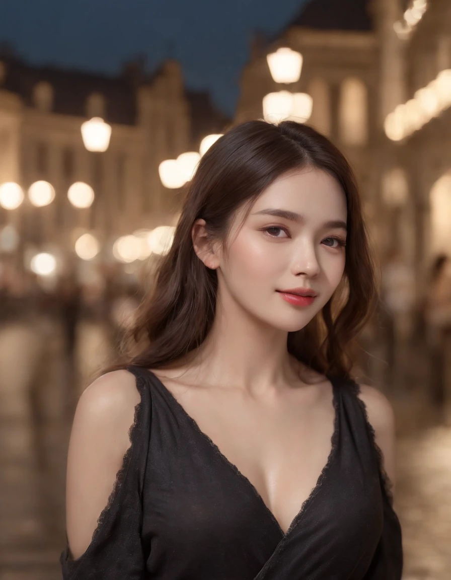 Random Pose, mix4, (8K, RAW photo, top quality, masterpiece: 1.45), (Realistic, photorealistic: 1.37), One girl, cute, smiling, cityscape, night, professional lighting, photon mapping, radiosity, physically based rendering, gradient black hair, gray hair, short curly, handsome, girl, small breasts, Deep V Neckline Slip Dress, quality photo, high resolution, 1080p, (clear face), (detailed face description), (detailed hand description), (masterpiece), realistic, extreme light and shadow, disheveled hair, masterpiece, rich details, (fine facial features), (best quality photo), (best quality photo), (masterpiece), look in front of you, fine collarbone,highlight armpits,, medium shot, high quality photo.