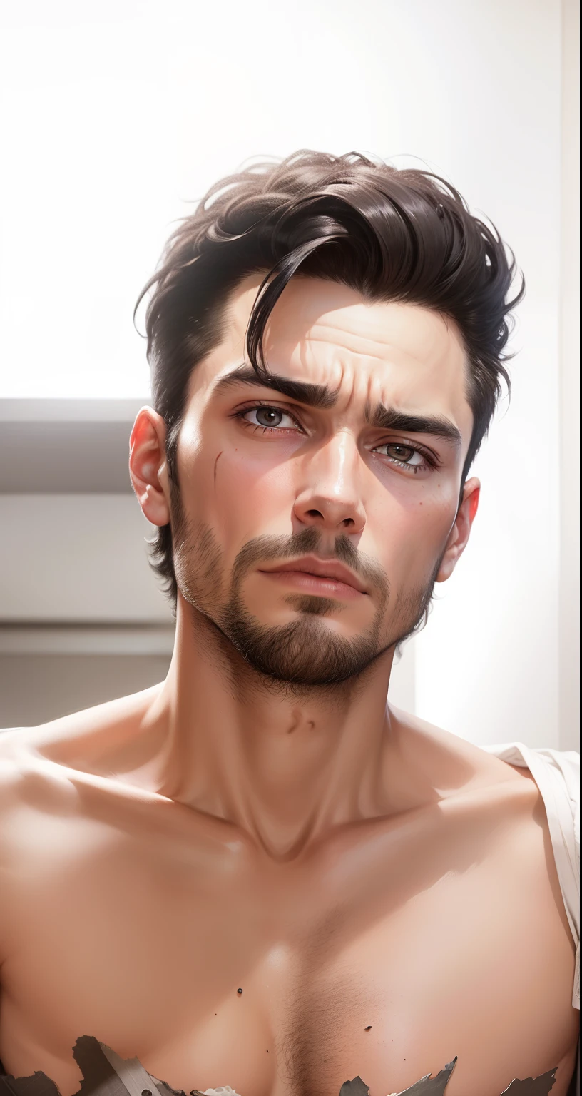 Realistic 8K image of a thin 23-year-old man, with short black hair, wearing a black blazer with a white blouse underneath, tense expression, walking in a decrepit hotel lobby. realistic face
