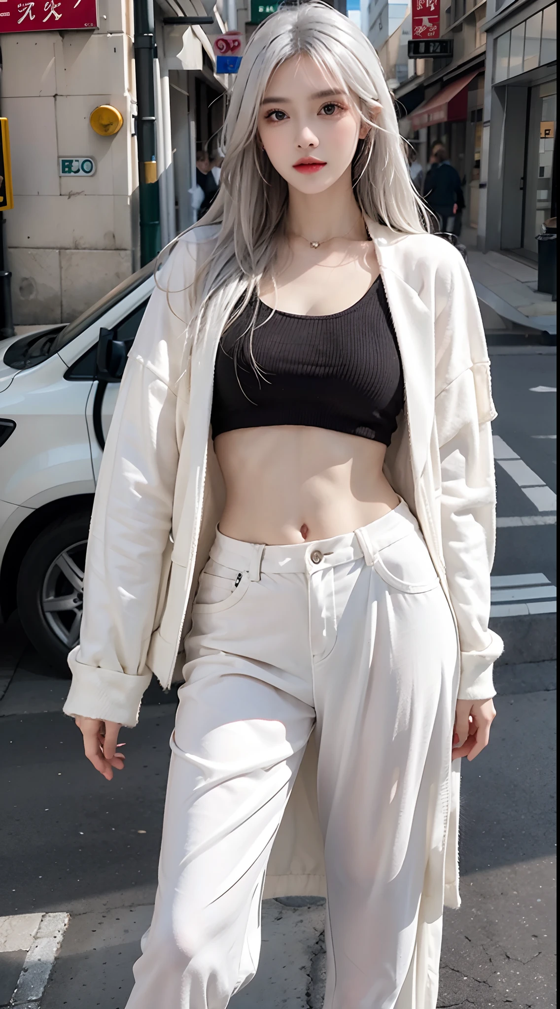 Photorealistic, high resolution, 1 woman, hips up, Beautiful eyes, Long hair, ringed eyes, jewelry, white hair, street wear