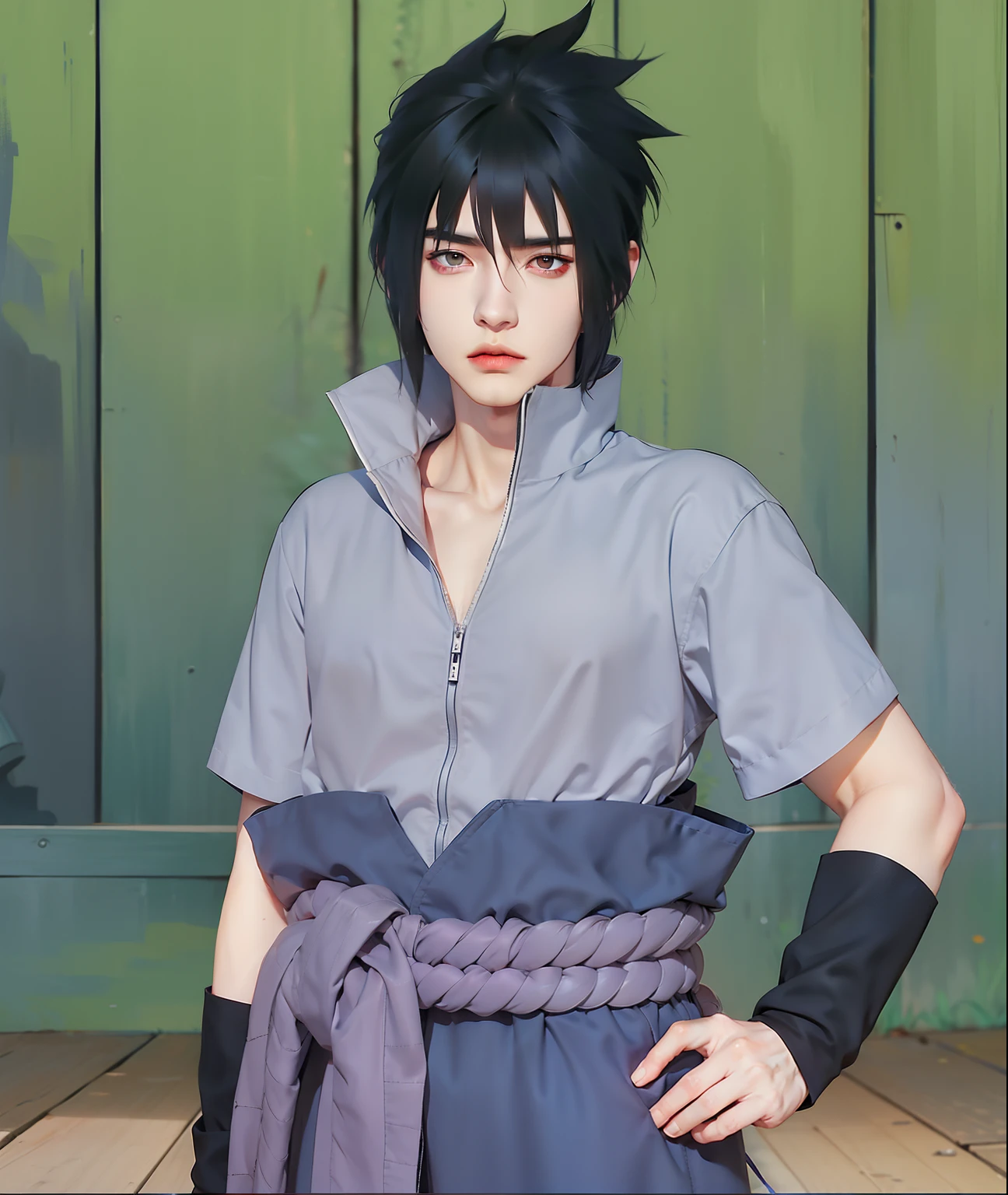 1man, hatake kakashi in anime naruto, short hair , white hair, red eyes, handsome, black clothes, realistic clothes, detail clothes, outdoor background, ultra detail, realistic