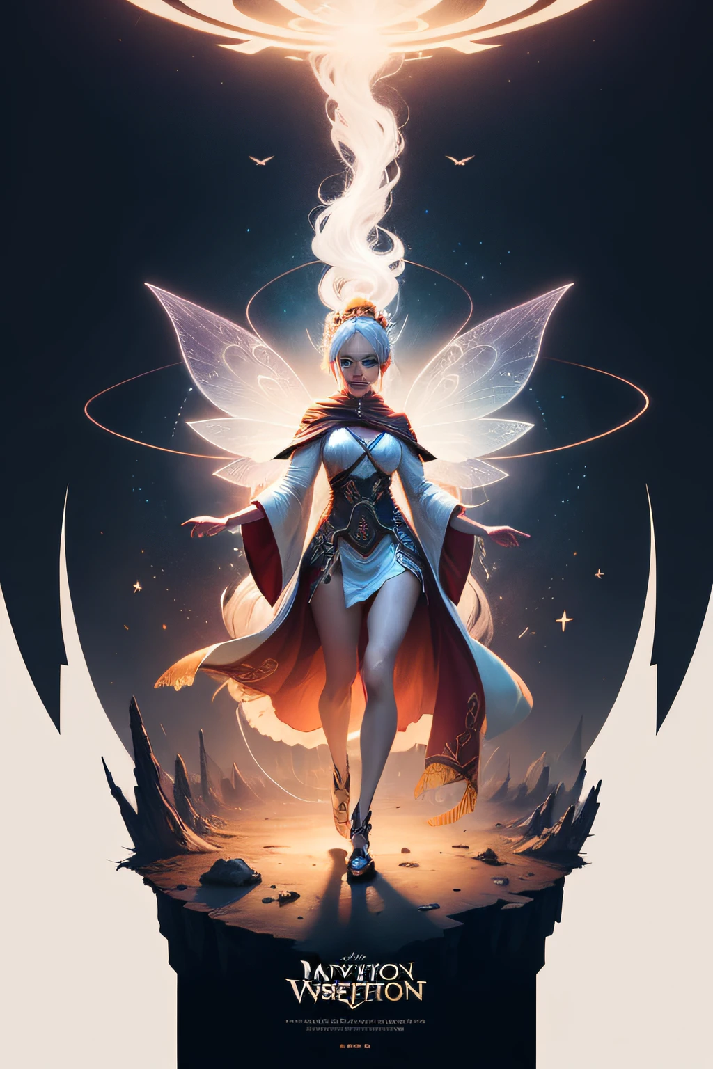 (highest quality) print ready vector poster design, mystical fairy warrior character on a plain white background, female, wearing magical robes, t-pose, attractive color scheme, professional vector, full shot, 8K resolution, deep impression illustration, no words, no symbols, no script, plain white background