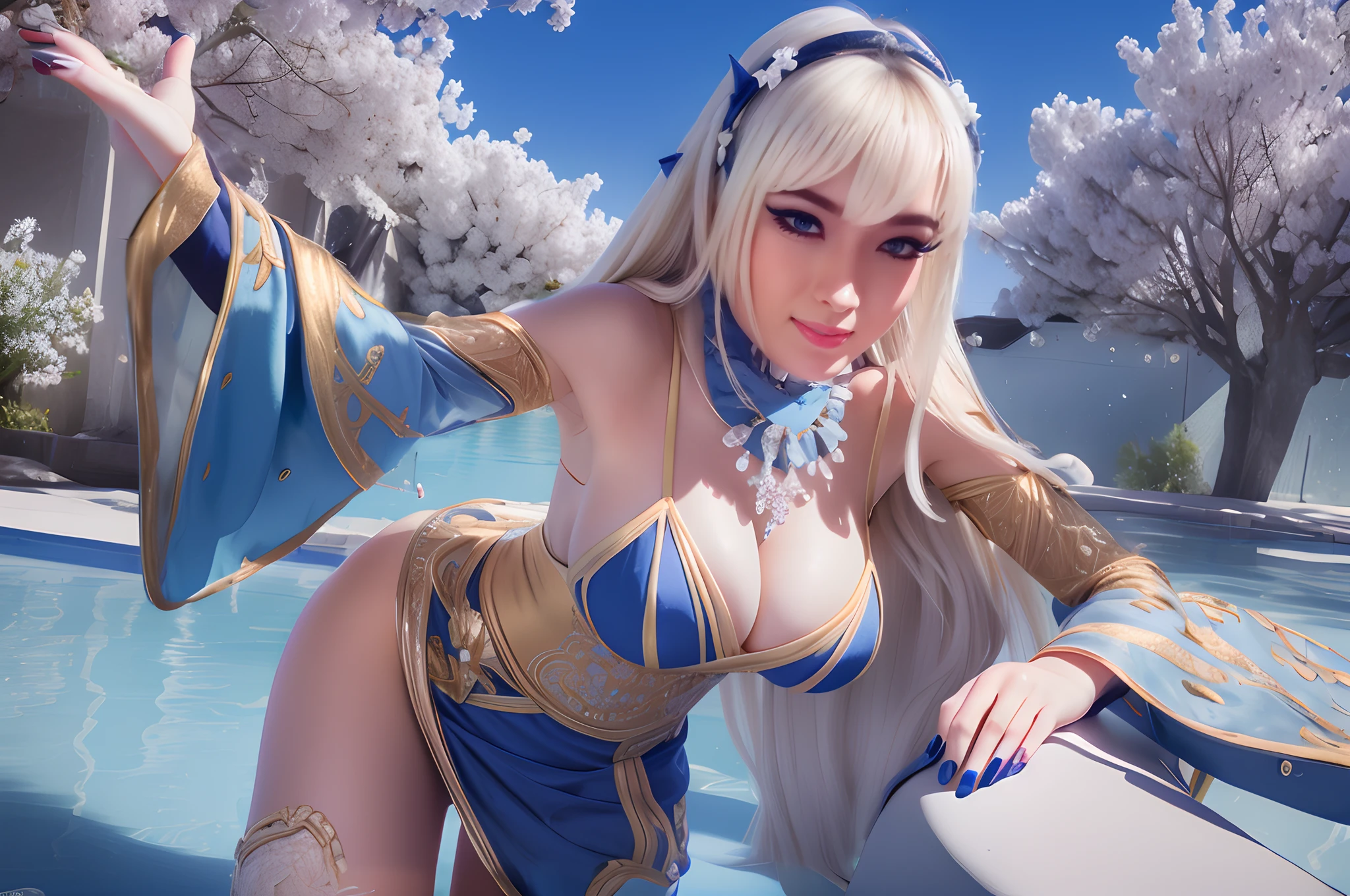 white long hair, wearing blue navy dress elegant, smile expressioon, Staring intently, 3horn headband, blue nails, photorealistic, masterpiece, beautiful face, perfect hand, perfect finger