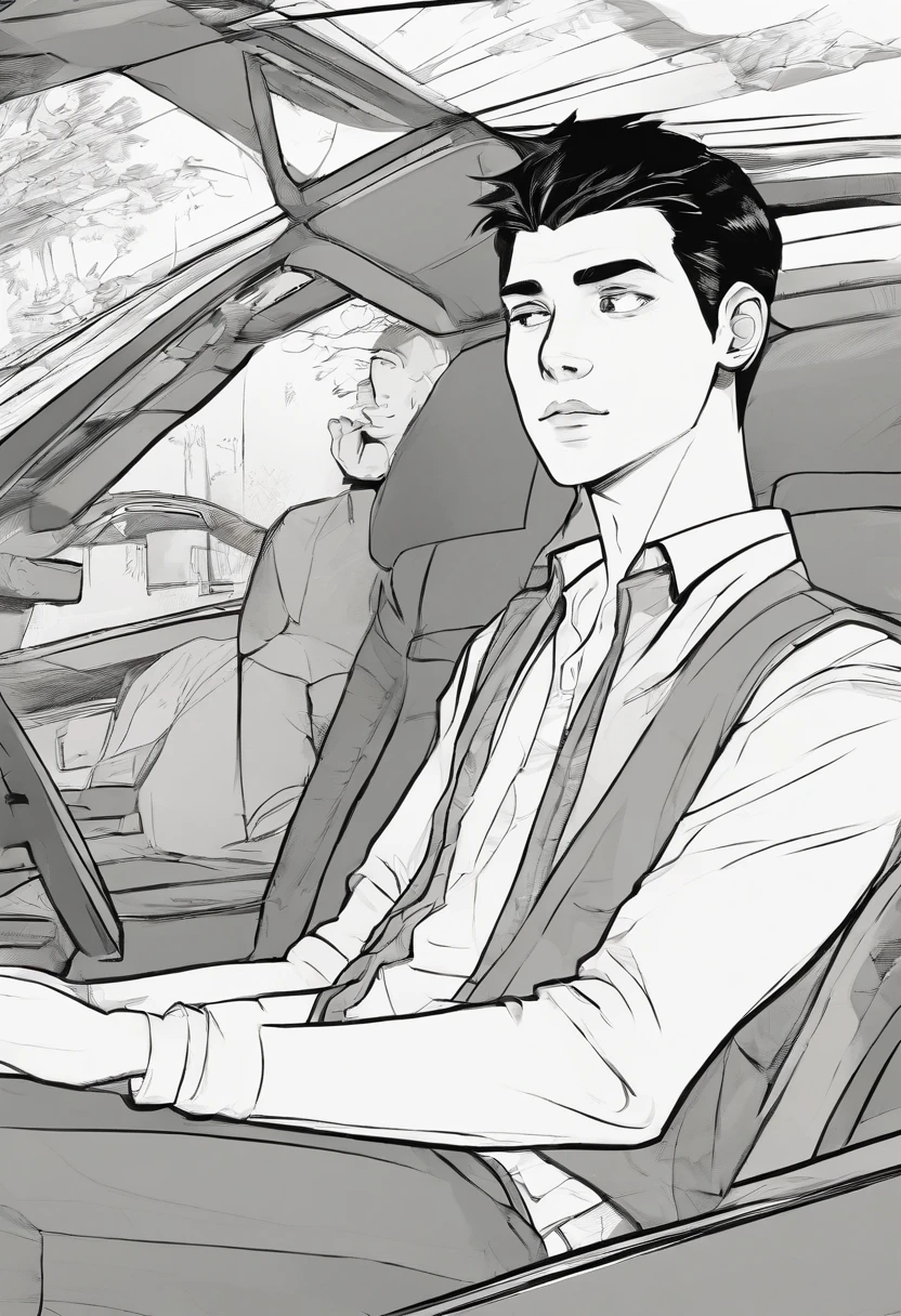 teenage boy, talking to his father inside a car, super detailed image, manga style, full hd