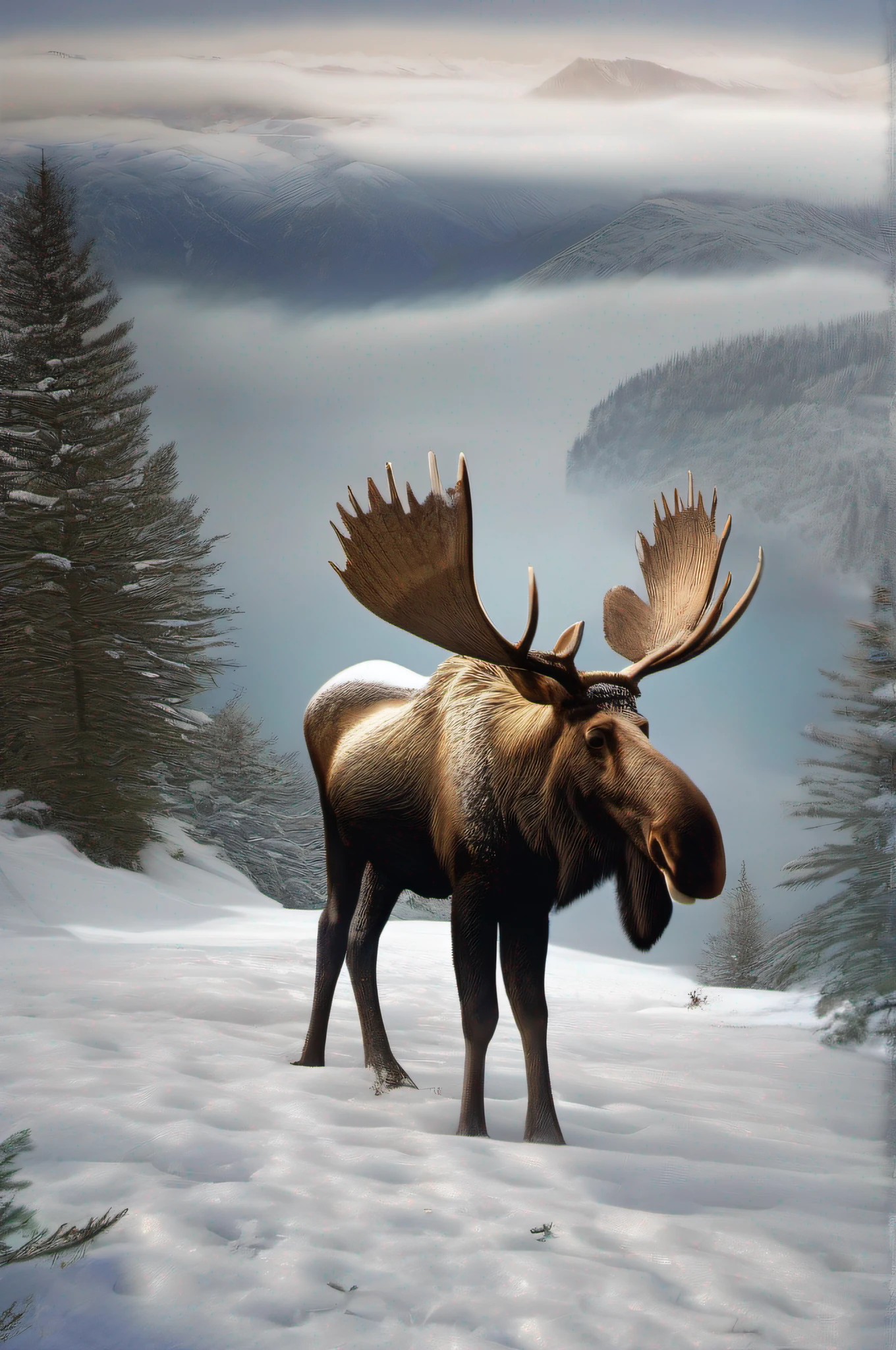 best quality, snowy mountain, moose, detailed snow, winter landscape, majestic, realistic, wildlife, wilderness, cold temperature, peaceful, snowy peaks, frosty, untouched, serene, quiet, wild nature, powerful, solitary, snowy trees, frozen lake, snow-covered ground, misty atmosphere, rugged terrain, icy, tranquil, snowy slopes, snowflakes, mist-covered valley, snowy wilderness, misty mountain range, snowy adventure, vast snowy landscape, crisp air, snowy depths, frozen wilderness, arctic beauty, snowy horizon, pristine wilderness, stunning views