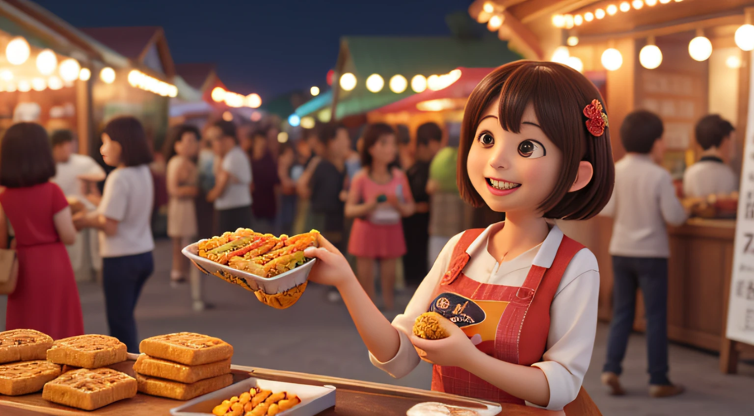Lively night market. The woman wears casual clothes, Bring snacks, Her face was filled with joy and contentment.