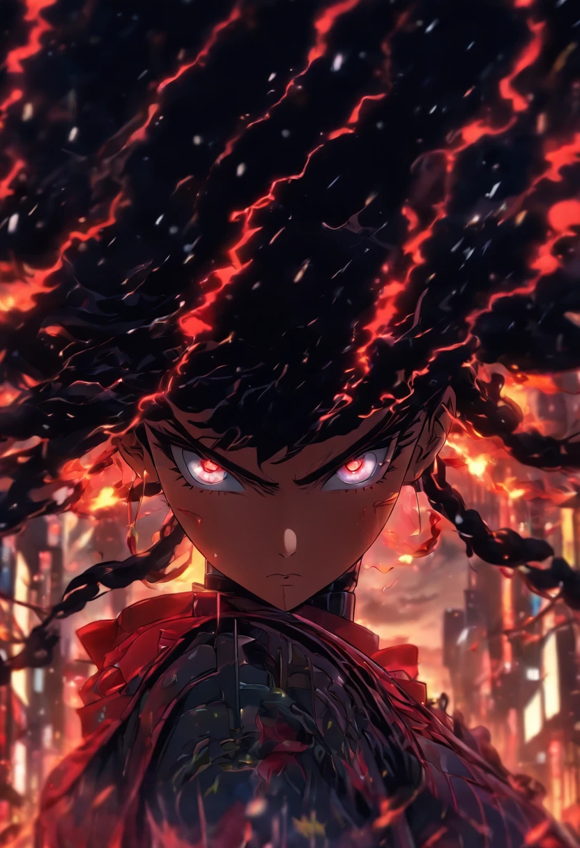 1 Japanese girl, battle armor, Intricate pattern, heavy metal, Energy lines, Faceless, Glowing eyes, elegant, Intense, blood red and black uniform, Solo, modern, City, Streets, Dark clouds, thunderstorm, heavy rain,, Dramatic lighting,, (Masterpiece:1.2), Best quality, high resolution, Beautiful detailed, Extremely detailed, Perfect lighting,