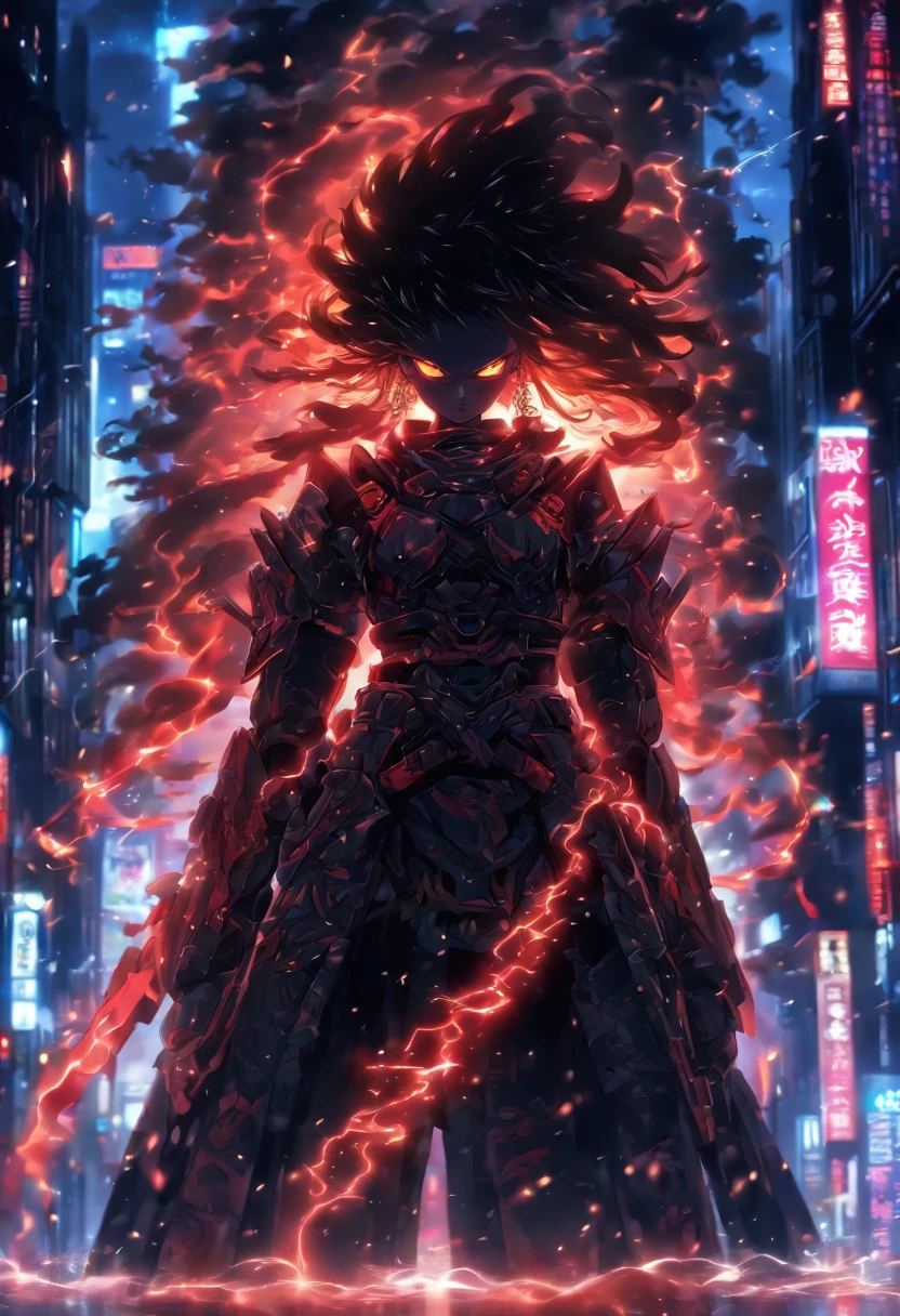 1 Japanese girl, battle armor, Intricate pattern, heavy metal, Energy lines, Faceless, Glowing eyes, elegant, Intense, blood red and black uniform, Solo, modern, City, Streets, Dark clouds, thunderstorm, heavy rain,, Dramatic lighting,, (Masterpiece:1.2), Best quality, high resolution, Beautiful detailed, Extremely detailed, Perfect lighting,
