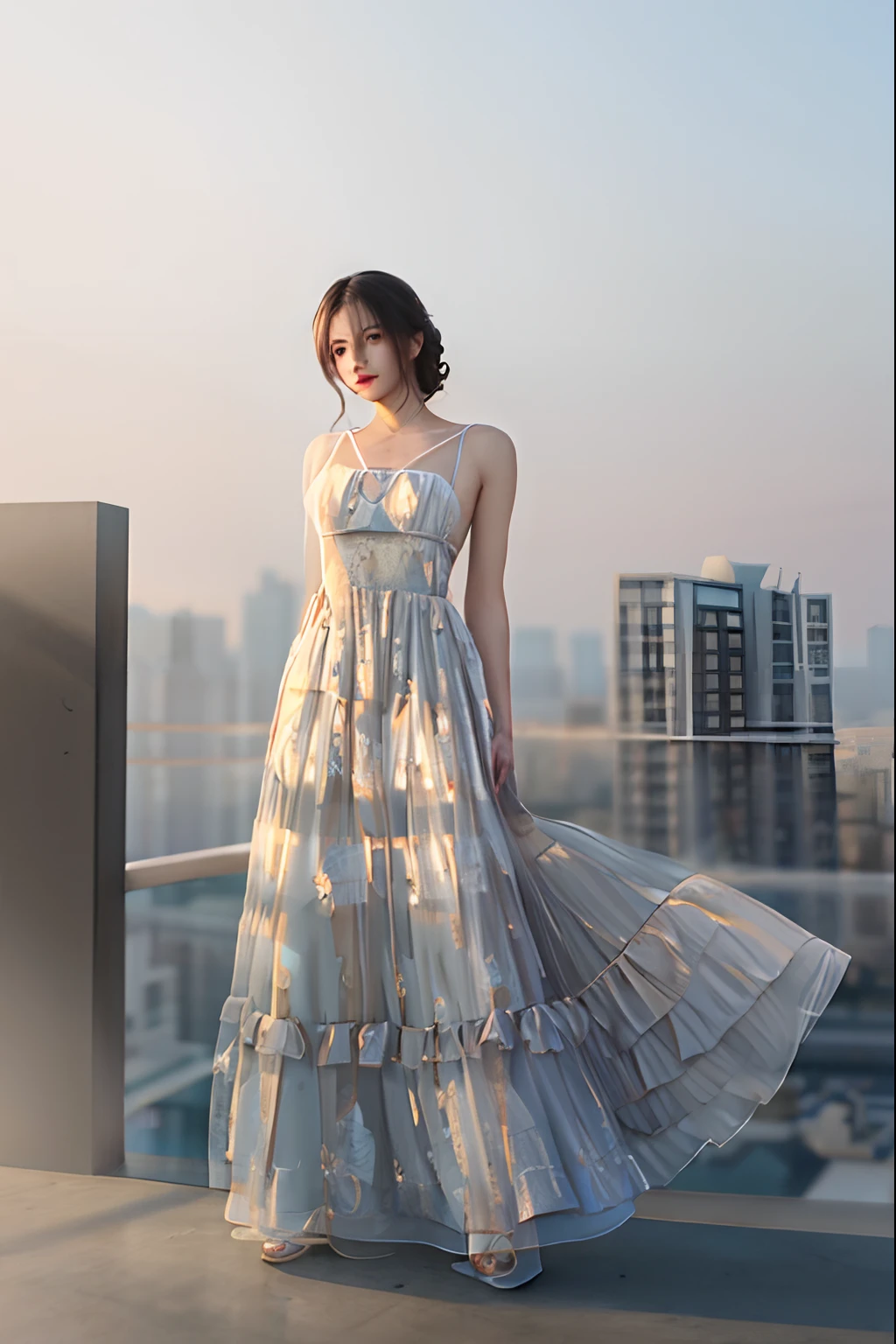 Araved woman posing for photo in long dress, flowinggown, wearing flowing dress, floating dress, Transparent gray dress, Woman in dress, Wearing a long dress, Romantic dress, Translucent dress, jungle gown, Image of a woman in an extra-long dress, romantic gown, render of mirabel madrigal, realistically rendered clothing, dreamy dress, digital art of an elegant，Standing on the oversized terrace，City neon background