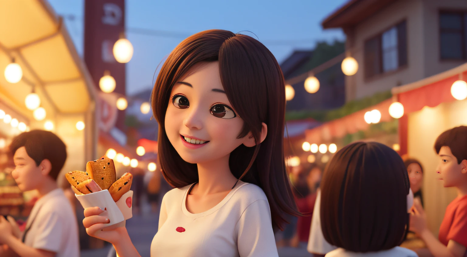 Lively night market. The woman wears casual clothes, Bring snacks, Her face was filled with joy and contentment.