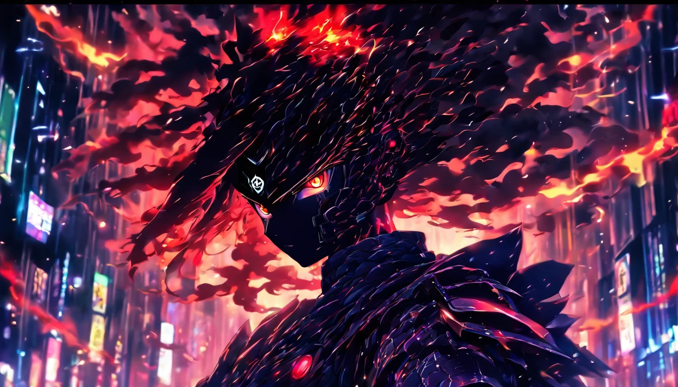 1 Japanese girl, battle armor, Intricate pattern, heavy metal, Energy lines, Faceless, Glowing eyes, elegant, Intense, blood red and black uniform, Solo, modern, City, Streets, Dark clouds, thunderstorm, heavy rain,, Dramatic lighting,, (Masterpiece:1.2), Best quality, high resolution, Beautiful detailed, Extremely detailed, Perfect lighting,
