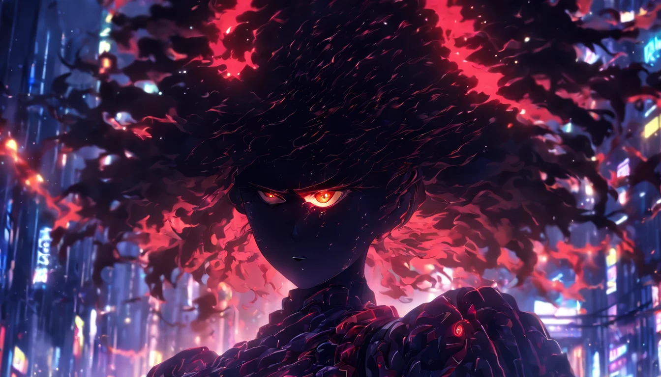 1 Japanese girl, battle armor, Intricate pattern, heavy metal, Energy lines, Faceless, Glowing eyes, elegant, Intense, blood red and black uniform, Solo, modern, City, Streets, Dark clouds, thunderstorm, heavy rain,, Dramatic lighting,, (Masterpiece:1.2), Best quality, high resolution, Beautiful detailed, Extremely detailed, Perfect lighting,