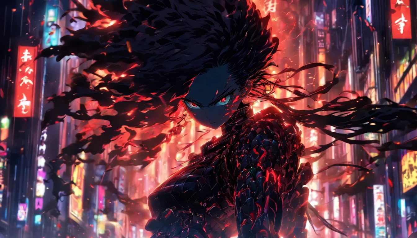 1 Japanese girl, battle armor, Intricate pattern, heavy metal, Energy lines, Faceless, Glowing eyes, elegant, Intense, blood red and black uniform, Solo, modern, City, Streets, Dark clouds, thunderstorm, heavy rain,, Dramatic lighting,, (Masterpiece:1.2), Best quality, high resolution, Beautiful detailed, Extremely detailed, Perfect lighting,