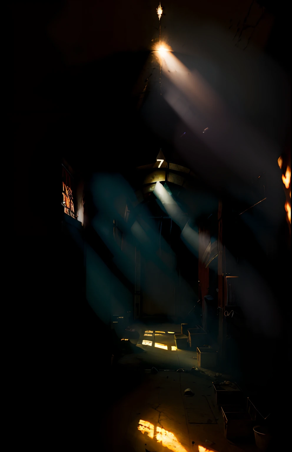 (SeventhHell:1.8) (ecovault:1), ((RAW, analog style)), cinematic lighting, atmospheric lights, god rays, ultra detailed, bloom, dramatic atmosphere, centered, rule of thirds, f/1.4, 6mm, High Angle Shot,