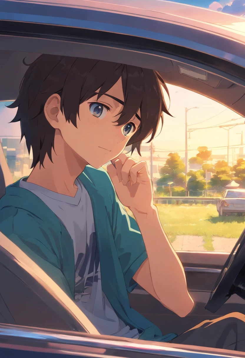  boy, talking to his father inside a car, super detailed image, anime style, full hd