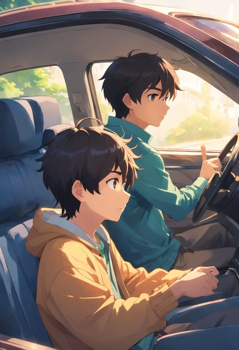 teenage boy, talking to his father inside a car, super detailed image, anime style, full hd