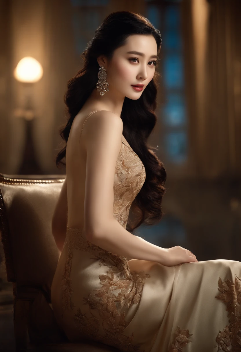 (best quality,4k,8k,highres,masterpiece:1.2),ultra-detailed,(realistic,photorealistic,photo-realistic:1.37),cityscape, cinematic lighting, elegant woman, (dress:1.1)(gown:1.1)(knee-length skirt:1.1)(plunging neckline:1.1)(embroidered lace edges:1.1)(soft silk,shimmering),(from any direction),Fan Bingbing's face,sports, ample bosom,exposed thighs, ethereal grace, beautiful posture, jet-black flowing hair, Chinese features, edge, intricate facial features