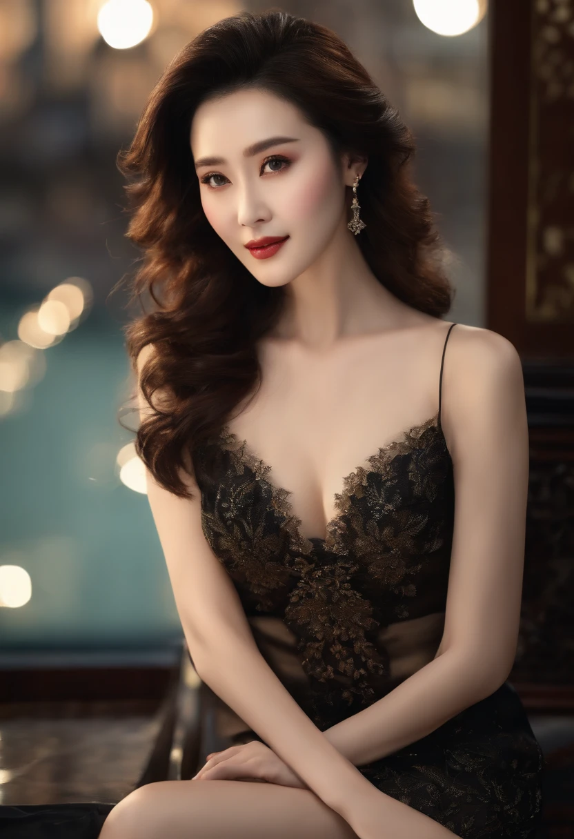 (best quality,4k,8k,highres,masterpiece:1.2),ultra-detailed,(realistic,photorealistic,photo-realistic:1.37),cityscape, cinematic lighting, elegant woman, (dress:1.1)(gown:1.1)(knee-length skirt:1.1)(plunging neckline:1.1)(embroidered lace edges:1.1)(soft silk,shimmering),(from any direction),Fan Bingbing's face,sports, ample bosom,exposed thighs, ethereal grace, beautiful posture, jet-black flowing hair, Chinese features, edge, intricate facial features