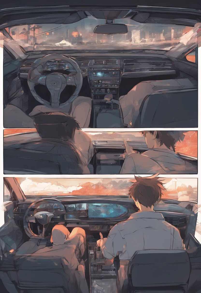 teenage boy, talking to his father inside a car, super detailed image, anime style, full hd