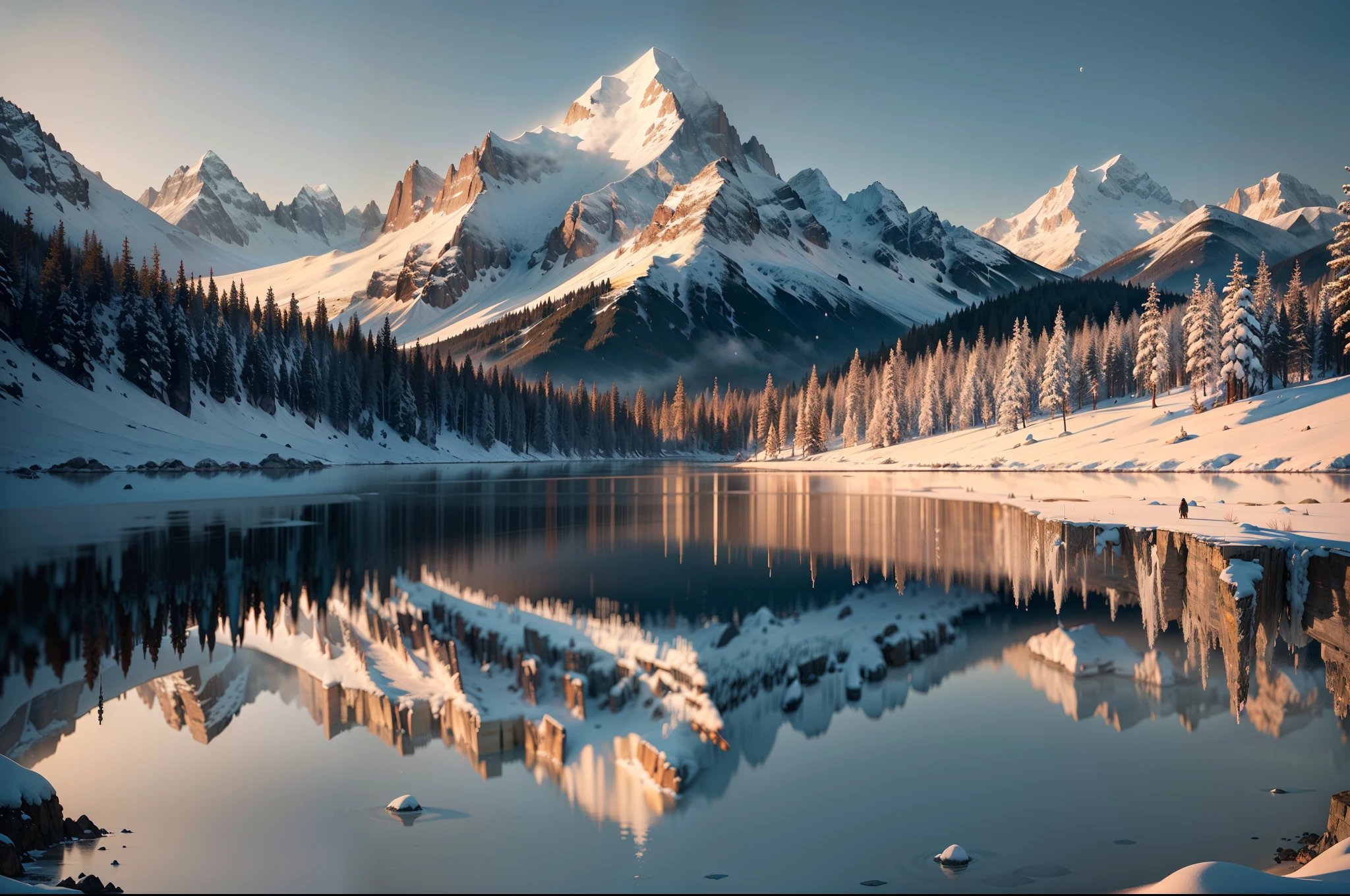 (best quality,4k,8k,highres,masterpiece:1.2),ultra-detailed,(realistic,photorealistic,photo-realistic:1.37),HDR,UHD,studio lighting,ultra-fine painting,sharp focus,physically-based rendering,extreme detail description,professional,vivid colors,bokeh,landscapes,reflection,snow-capped mountains,serene lake,winter wonderland,peaceful atmosphere,clear skies,crisp air,tranquil setting,evergreen trees,majestic peaks,glistening snow,calm waters,pristine nature,stillness,distance,harmony,blissful solitude,solitary figure,contemplating the view,mountains mirrored on the lake,subtle ripples,gentle breeze,reflection of sunlight,sparkling on the water surface,dramatic contrast,cool blue tones,soft pastel hues,serenity,remote wilderness,awe-inspiring beauty,breathtaking scenery,natural beauty at its finest