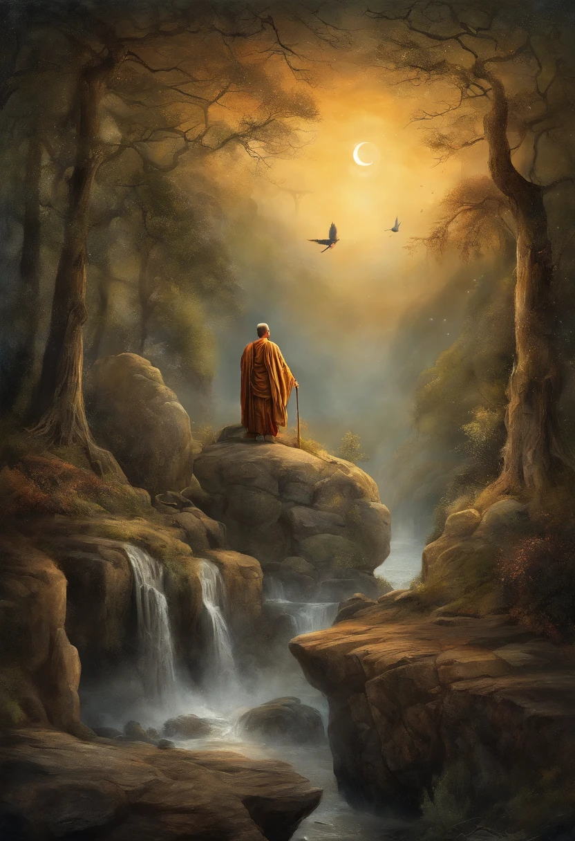 masterpiece, best quality, ultra-detailed, illustration, buddhist monk praying, A large stone Buddha statue in the distance, solo, fantasy, flying, broom, night sky, outdoors, magic, spells, moon, stars, clouds, wind, cape, broomstick, glowing, mysterious, enchanting, whimsical, playful, adventurous, freedom, wonder, imagination, determination, skill, speed, movement, energy, realism, naturalistic, figurative, representational, beauty, fantasy culture, mythology, fairy tales, folklore, legends, witches, wizards, magical creatures, fantasy worlds, composition, scale, foreground, middle ground, background, perspective, light, color, texture, detail, beauty, wonder.