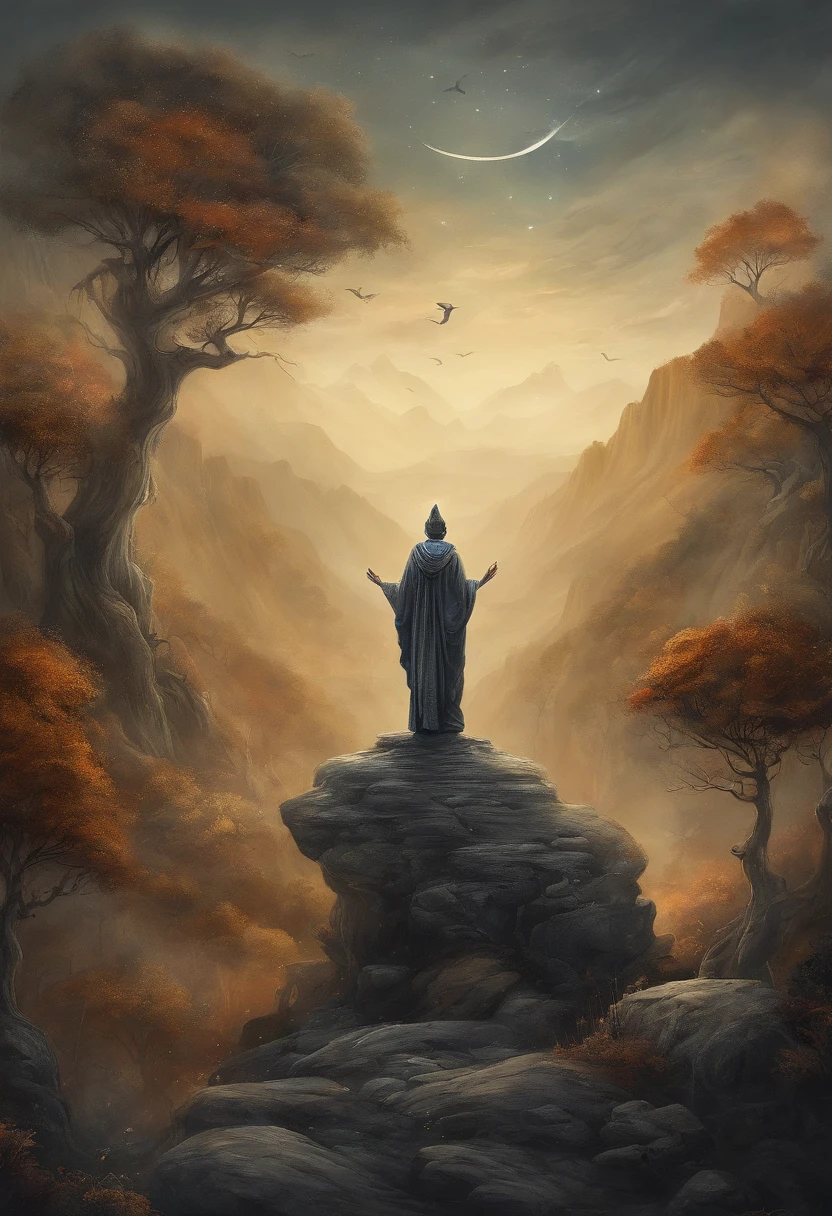 masterpiece, best quality, ultra-detailed, illustration, buddhist monk praying, A large stone Buddha statue in the distance, solo, fantasy, flying, broom, night sky, outdoors, magic, spells, moon, stars, clouds, wind, cape, broomstick, glowing, mysterious, enchanting, whimsical, playful, adventurous, freedom, wonder, imagination, determination, skill, speed, movement, energy, realism, naturalistic, figurative, representational, beauty, fantasy culture, mythology, fairy tales, folklore, legends, witches, wizards, magical creatures, fantasy worlds, composition, scale, foreground, middle ground, background, perspective, light, color, texture, detail, beauty, wonder.