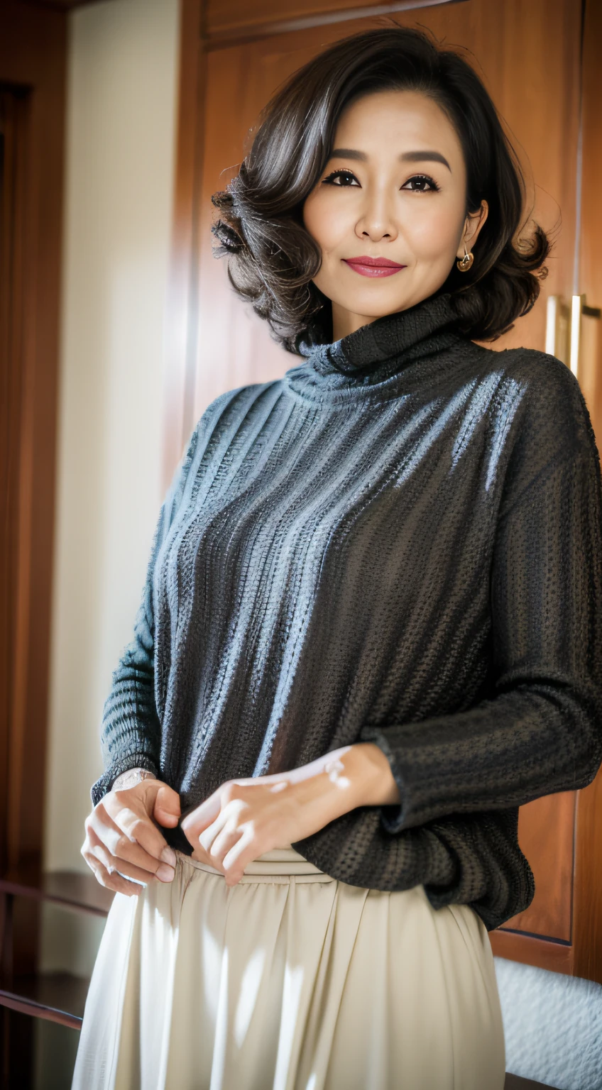((Best quality, 8K, Masterpiece, Portrait: 1.3)), (View viewers), Photorealism, Sharp focus, Solo, The Moro Islamic Liberation Front of Japan,Beauty, Busty, 28 years old, Curly hair, wrinkles around the eyes, high-necksweater ((standing on one leg)), Room,