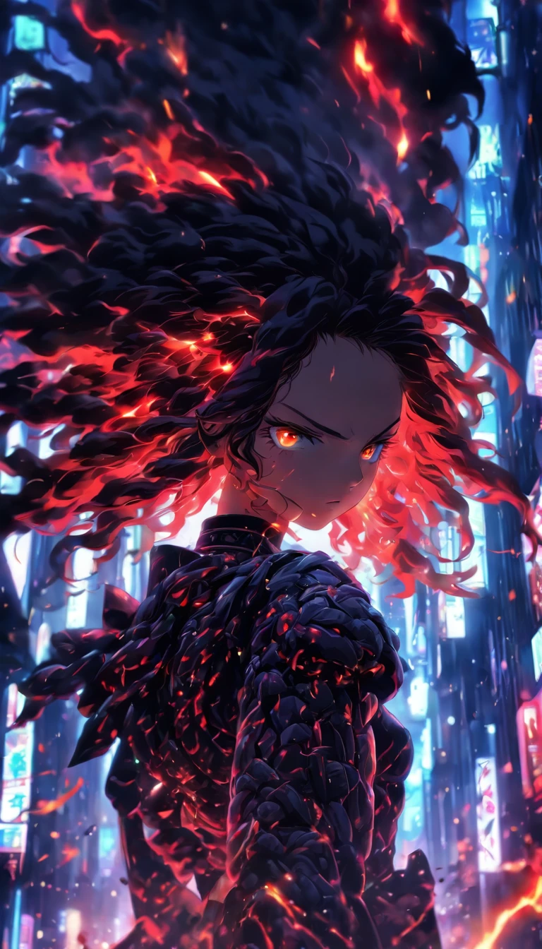 1 Japanese girl, battle armor, Intricate pattern, heavy metal, Energy lines, Faceless, Glowing eyes, elegant, Intense, blood red and black uniform, Solo, modern, City, Streets, Dark clouds, thunderstorm, heavy rain,, Dramatic lighting,, (Masterpiece:1.2), Best quality, high resolution, Beautiful detailed, Extremely detailed, Perfect lighting,
