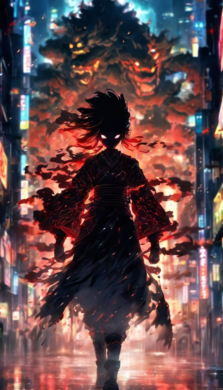 1 Japanese girl, battle armor, Intricate pattern, heavy metal, Energy lines, Faceless, Glowing eyes, elegant, Intense, blood red and black uniform, Solo, modern, City, Streets, Dark clouds, thunderstorm, heavy rain,, Dramatic lighting,, (Masterpiece:1.2), Best quality, high resolution,   Beautiful detailed, Extremely detailed, Perfect lighting,