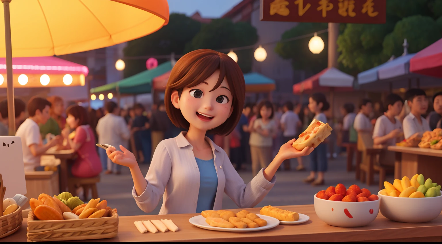 Lively night market. The woman wears casual clothes, Bring snacks, Her face was filled with joy and contentment.