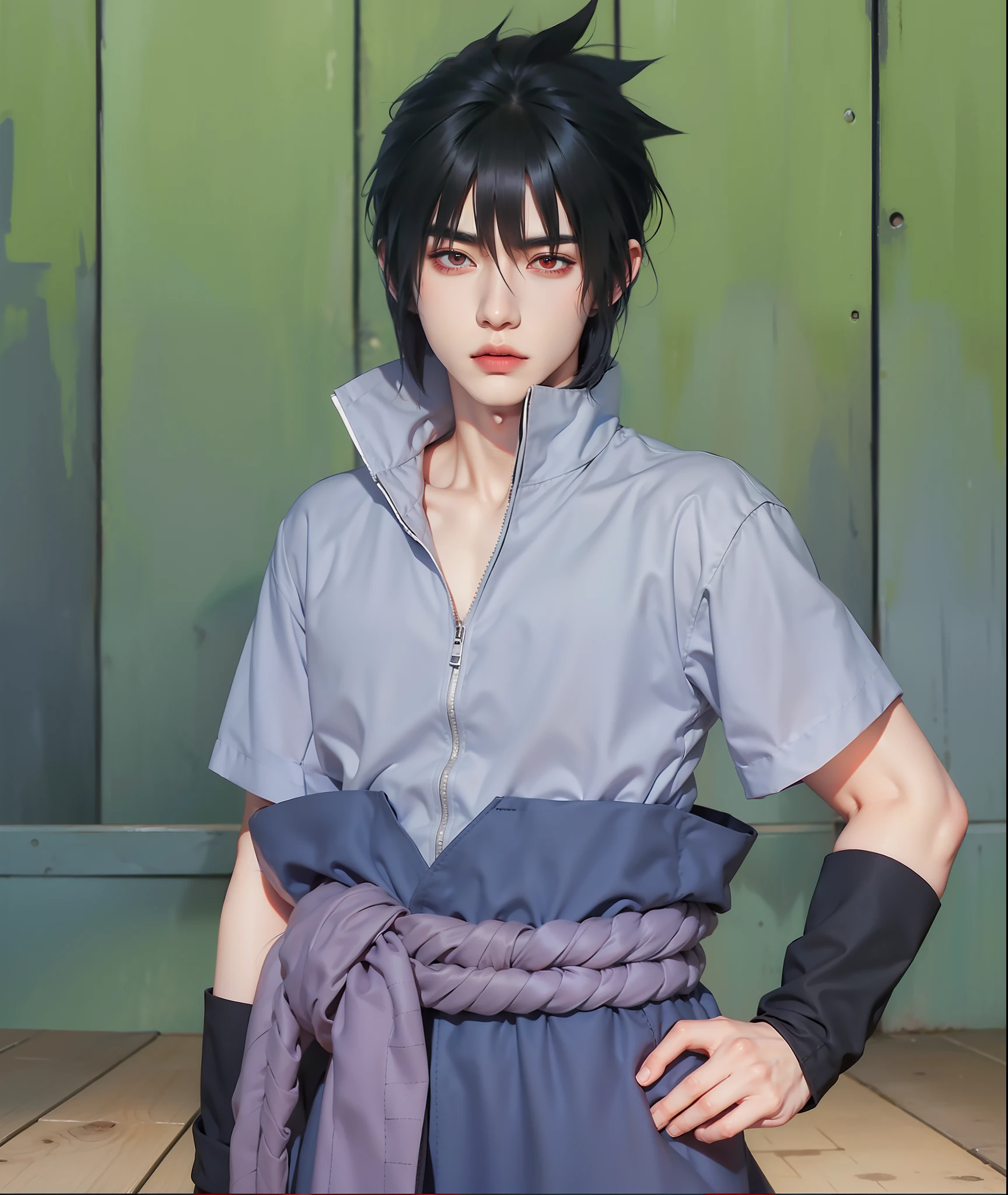 1man, hatake kakashi in anime naruto, short hair , white hair, red eyes, handsome, black clothes, realistic clothes, detail clothes, outdoor background, ultra detail, realistic