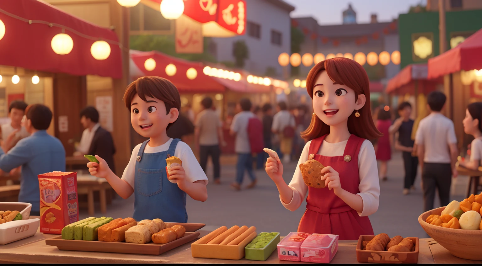 Lively night market. Men wear casual clothes, With a woman,Bring snacks, Their faces were filled with joy and contentment.