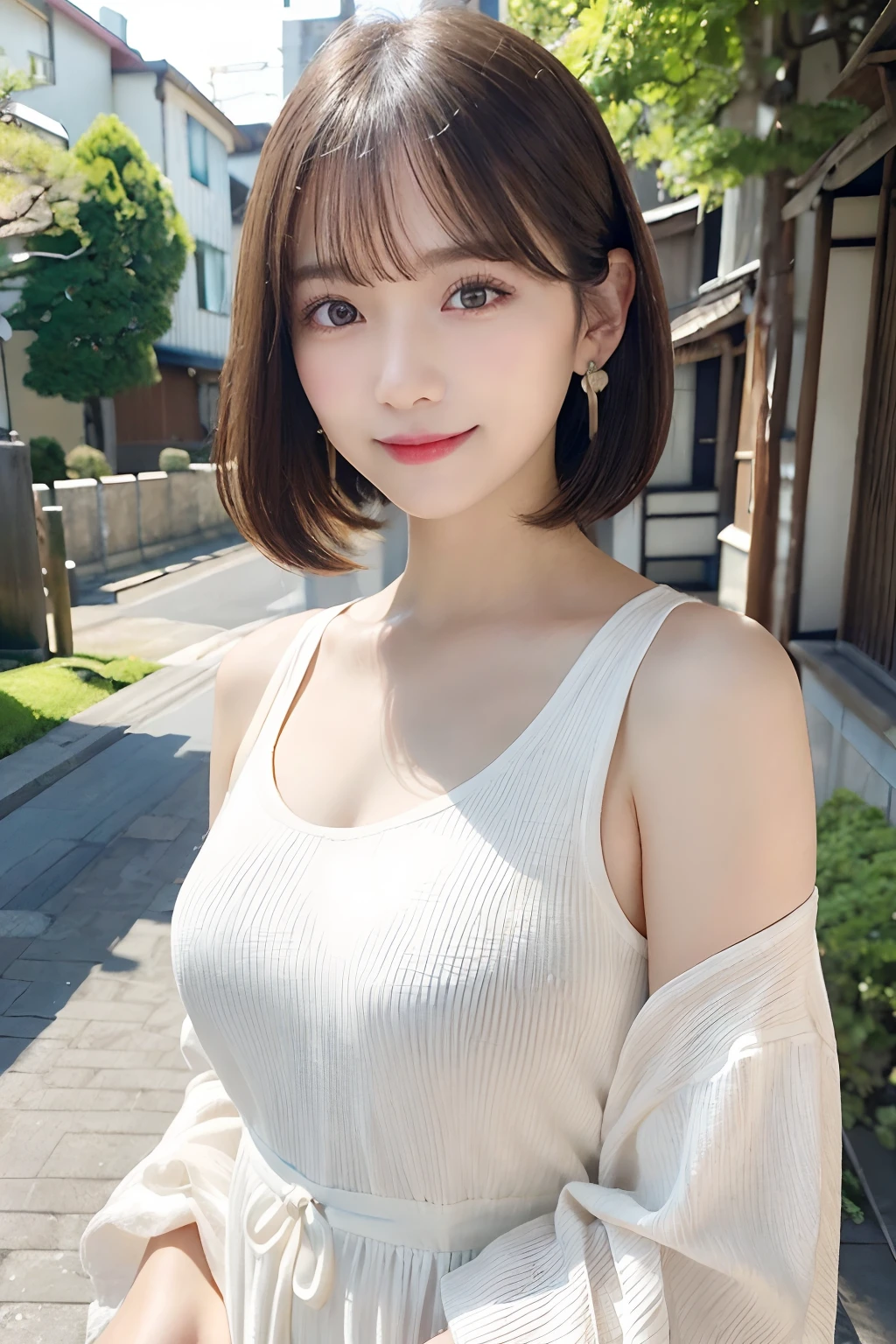 masutepiece, Best Quality, Illustration, Ultra-detailed, finely detail, hight resolution, 8K Wallpaper, Perfect dynamic composition, Beautiful detailed eyes, Women's Fashion Summer,Short bob hair,Small breasts natural color lip, Bold sexy poses,Smile,Harajuku,18 years girl,Cute,Sexy shot looking at camera,Sleeveless knitwear,White knitwear,Armpits,bura,Floral hair ornament,Large Breasts:1.8, Slim Body:1.5,