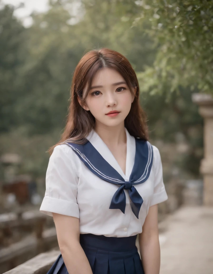 Random Pose, mix4, best quality, 1girl, long hair, beautiful eyes, ((japanese school shirt)), a sailor suit、Dark blue pleated skirt,sailor collar, neckerchief, short sleeves, white skirt, ((upper body)), standing, outdoors, medium shot, high quality photo.