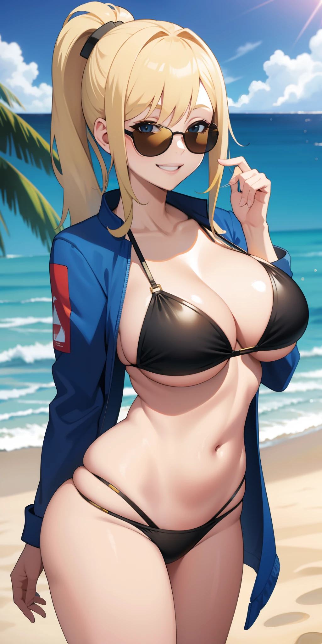 Blonde ponytail, large , bikini, thighs, open jacket, smiling, beach background, sunglasses