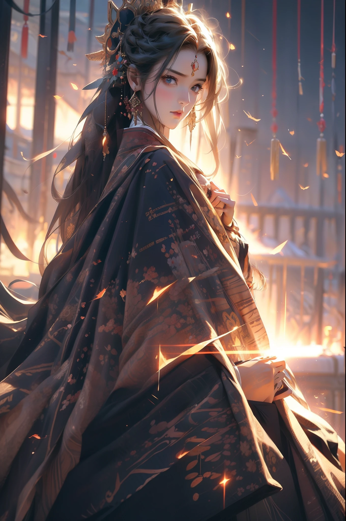 (RAW photo, Best quality), (Realistic, photo-realistic:1.3), Best quality, Highly detailed, Masterpiece, Ultra-detailed, illustration, 1girll, Dynamic Angle, world mastery theater, Messy_Long_Hair,Best quality, extremely detailed CG unity 8k壁纸，ink，astounding，电影灯光，lens_flare，The female emperor is magnificent，long whitr hair，full bodyesbian，National style