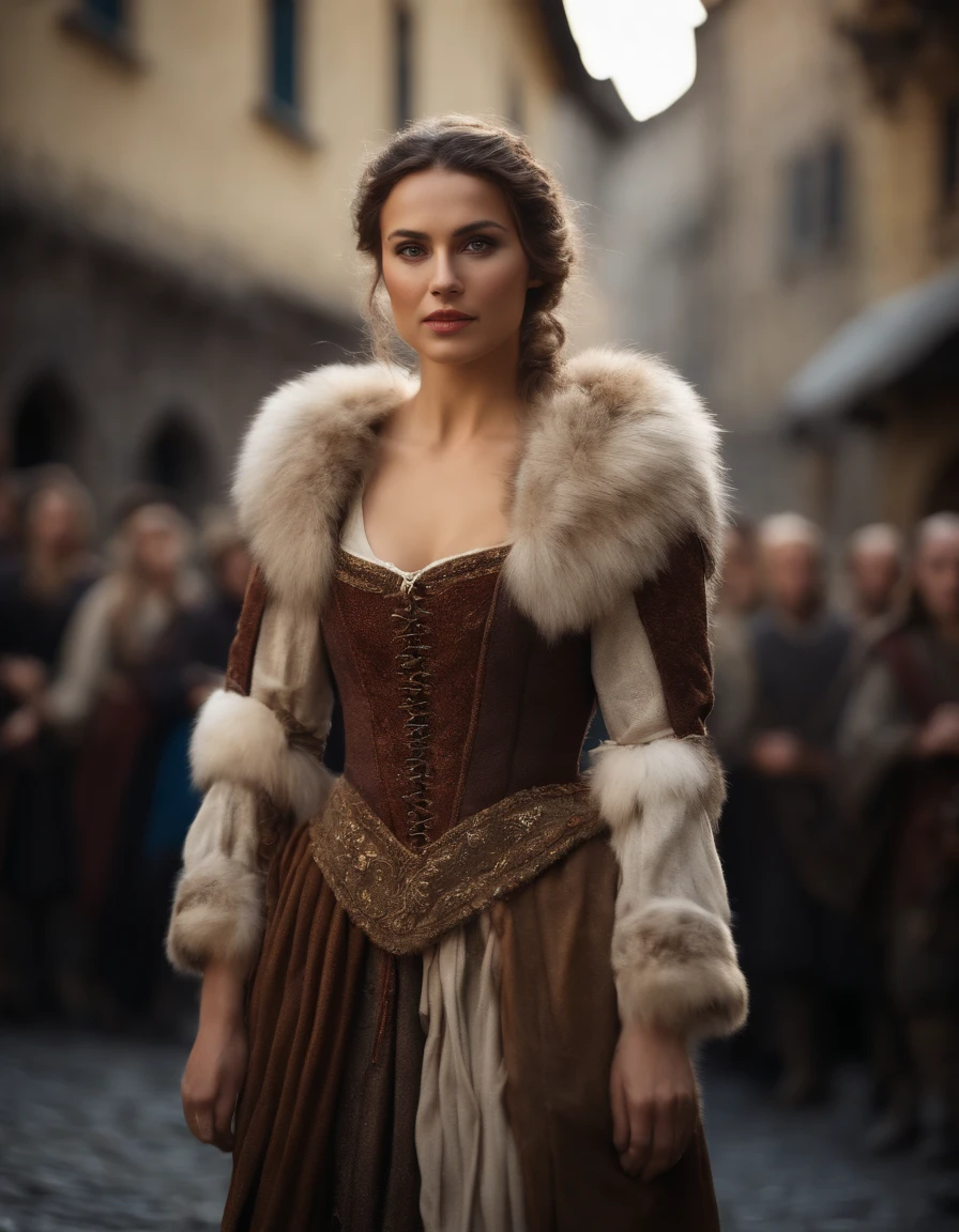Cinematic portrait, upper body, face, facing the audience, (Reality :1.3), one of the most beautiful artworks in the world, a heroine, medieval costumes, (old clothes damaged and weathered :1.4), ((((wearing fur)))), detailed beautiful face, action shooting, ancient city background, realistic photos, CG, Art Station