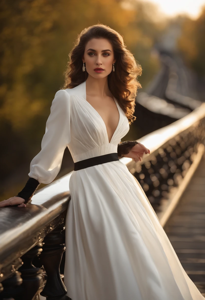the young woman in a white dress and a black jacket is posing on a rail, in the style of glamorous hollywood portraits, caravaggism, i can't believe how beautiful this is, fine lines, delicate curves, flowing fabrics, photo-realistic