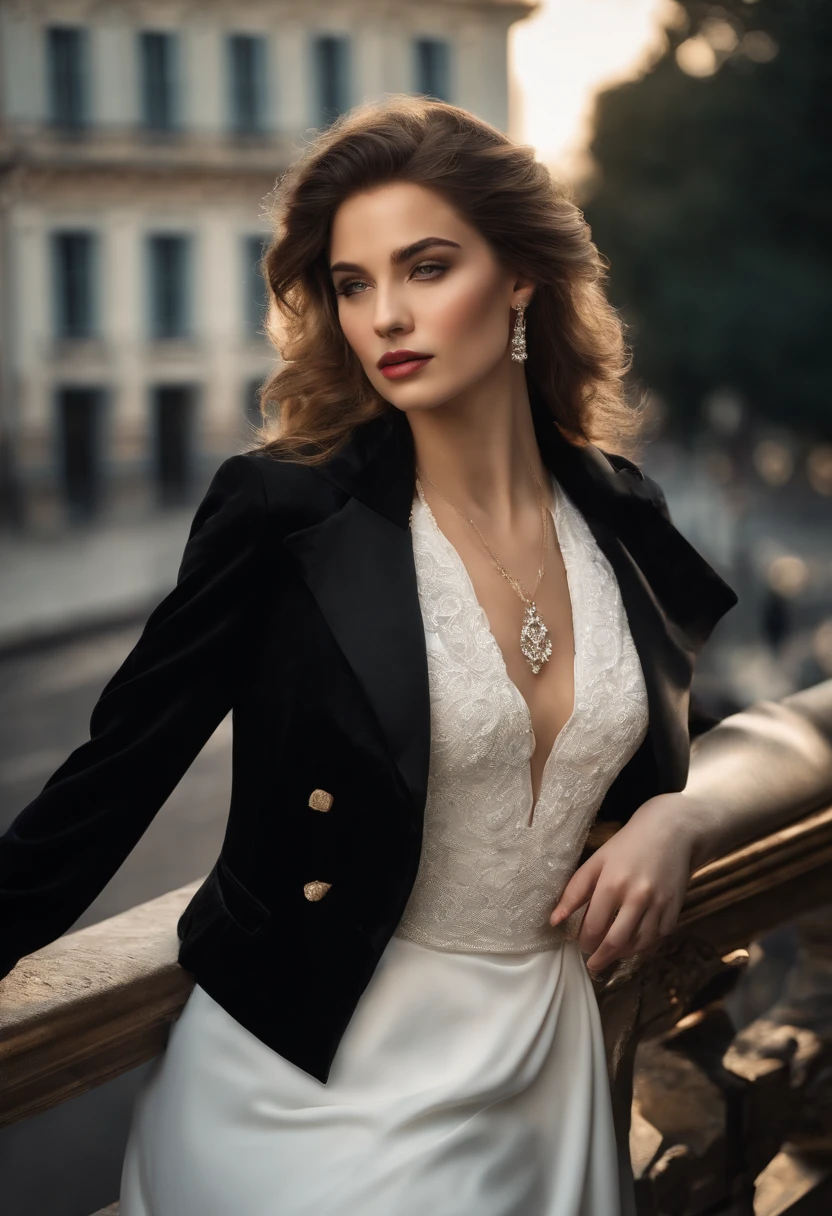 the young woman in a white dress and a black jacket is posing on a rail, in the style of glamorous hollywood portraits, caravaggism, i can't believe how beautiful this is, fine lines, delicate curves, flowing fabrics, photo-realistic