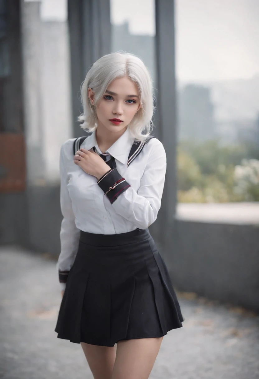 Realistic, 1girll, ((full body Esbian)), Sexy,Pretty Face, White hair, Purple eyes,Sexy legs,(School uniform), Black High Heels,Black school uniform, (Black skirt), Parted Lip, blush, Night, possessed, 耳Nipple Ring, Photorealsitic, Cinematic Light,
