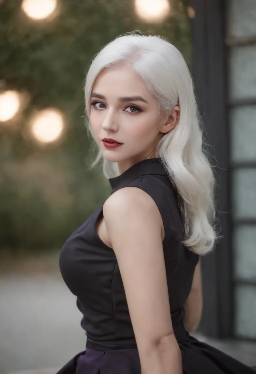 Realistic, 1girll, ((full body Esbian)), Sexy,Pretty Face, White hair, Purple eyes,Sexy legs,(School uniform), Black High Heels,Black school uniform, (Black skirt), Parted Lip, blush, Night, possessed, 耳Nipple Ring, Photorealsitic, Cinematic Light,