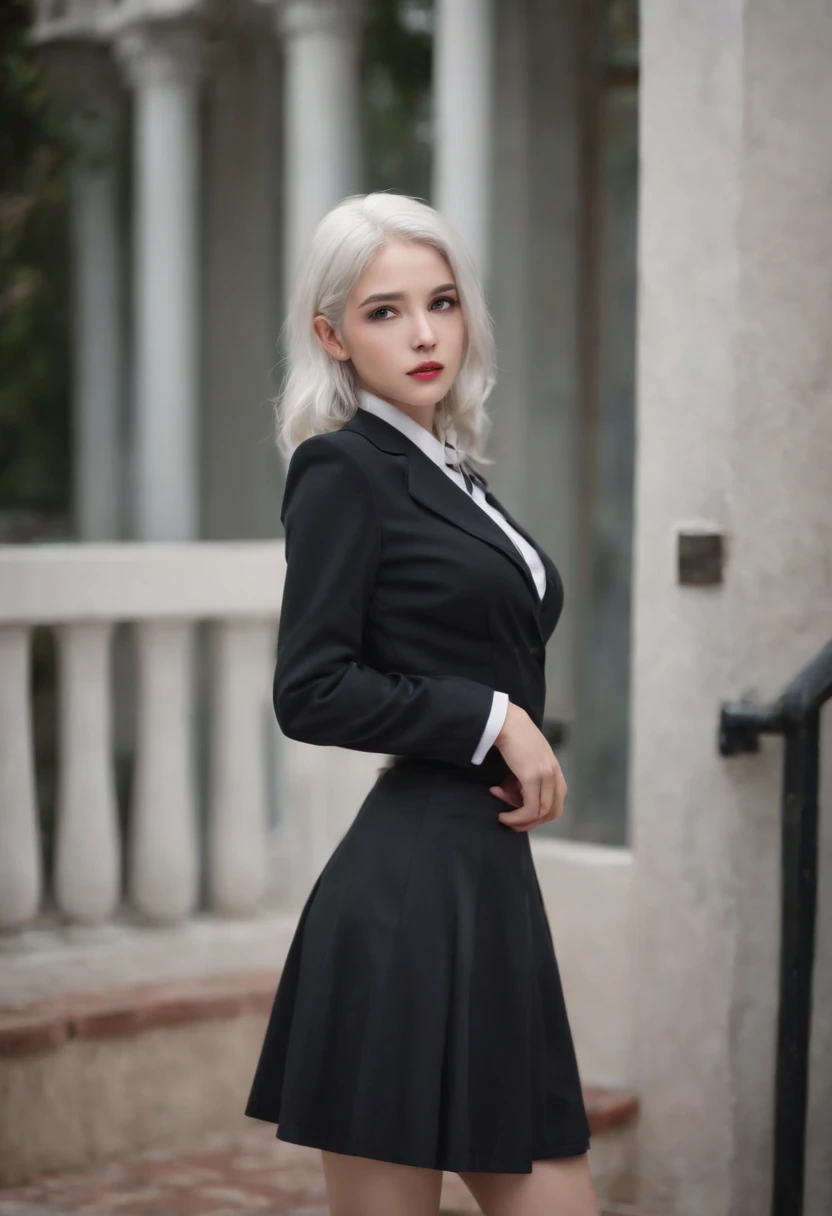 Realistic, 1girll, ((full body Esbian)), Sexy,Pretty Face, White hair, Purple eyes,Sexy legs,(School uniform), Black High Heels,Black school uniform, (Black skirt), Parted Lip, blush, Night, possessed, 耳Nipple Ring, Photorealsitic, Cinematic Light,