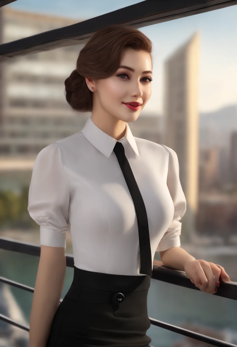 (8K, Best quality, Masterpiece:1.2), (Realistic, photo-realistic:1.37), Ultra-detailed, 1 girl, full bodyesbian, Outdoors, (Adjust hair:1.5) Office Lady, black officeblazer, officeskirt, (Pantyhose:1.2), (short buttoneddownshirt:1.2), buttonedupcollarprim, buttoneddowncollarprim, Bra, (Pantyhose:1.2), alphalayers, high-heels, Beautiful earrings, Cute, Solo, Beautiful detailed sky, (Smile:1.15), (Closed mouth), Small breasts, Beautiful detailed eyes, Business attire, (Short hair:1.2), Floating hair NovaFrogStyle,