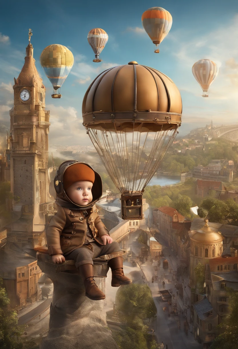 Fairy tale picture book，Huge steampunk world，A  flies over the city in a flying machine，Flight cap，Flight suit，Flight boots，Full body like，high qulity，A high resolution，tmasterpiece，super-fine，depth of fields